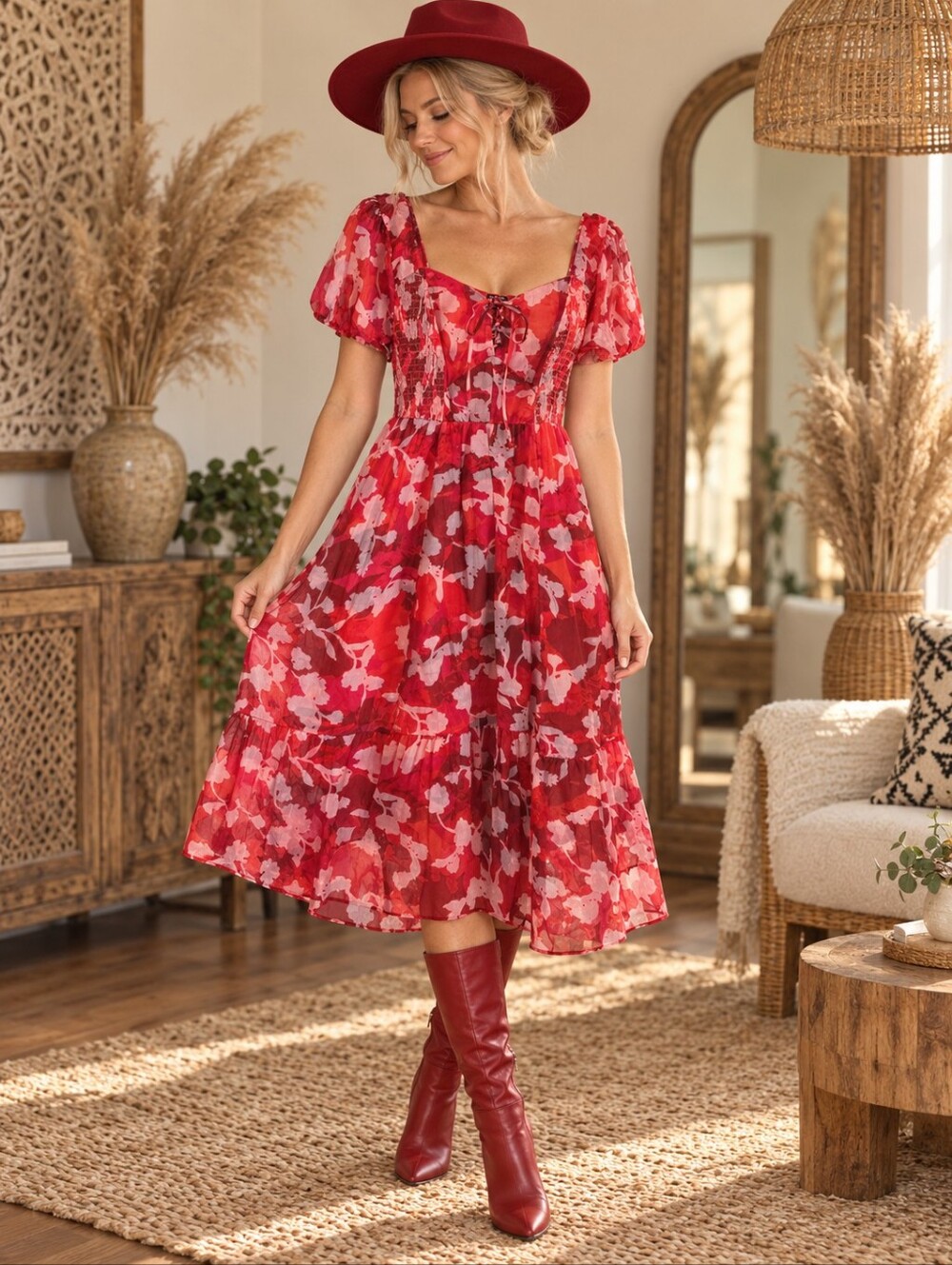 torrid Red & Pink Floral Lace-Up Midi Dress